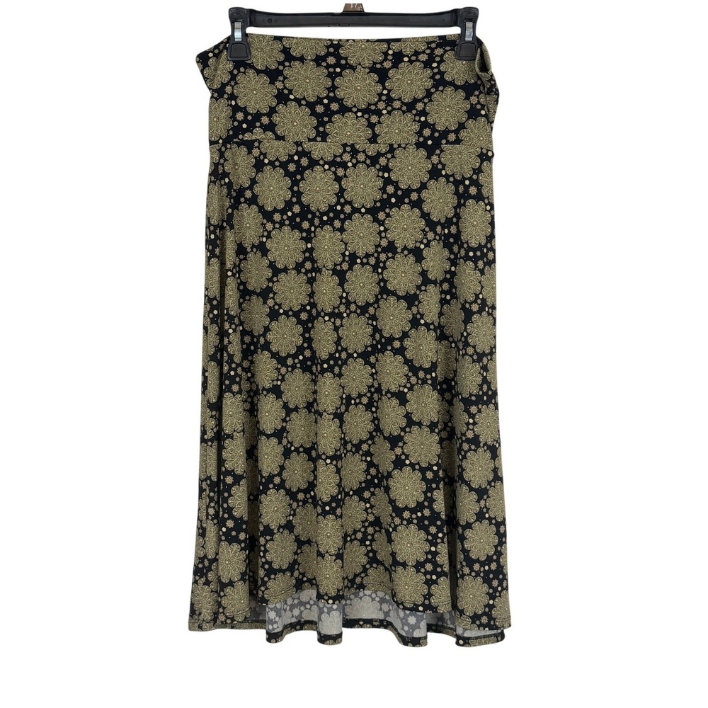 Boho Midi Skirt M Fold Over Waist A-Line Medallion Print Green Whimsigoth Retro
